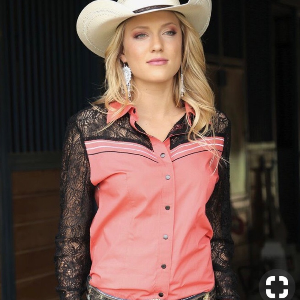 Cruel Girl XS Coral Snap Shirt With Lace Sleeves